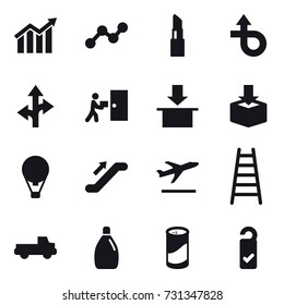 16 vector icon set : diagram, graph, lipstick, air ballon, escalator, departure, stairs, pickup, cleanser, cleanser powder, please clean