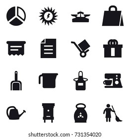 16 vector icon set : diagram, sun power, scales, shopping bag, atm receipt, scoop, measuring cup, apron, watering can, hive, fertilizer, brooming