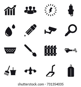 16 vector icon set : diagram, group, lightning, spark plug, pencil, surveillance, kolander, big spoon, fence, blower, bucket and broom, hard reach place cleaning, scoop, dry wash