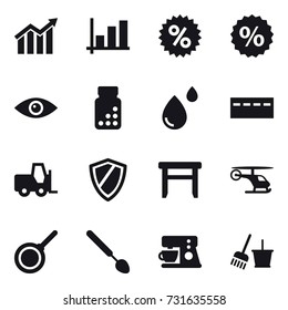 16 vector icon set : diagram, graph, percent, bunker, shield, stool, pan, big spoon, bucket and broom