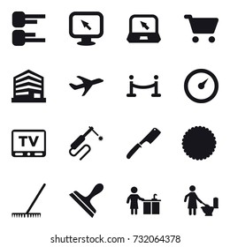 16 vector icon set : diagram, monitor arrow, notebook, cart, vip fence, barometer, tv, chef knife, rake, scraper, kitchen cleaning, toilet cleaning