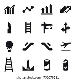 16 vector icon set : diagram, graph, graph up, up down arrow, lipstick, stairs, tower crane, air ballon, escalator, departure, cleanser powder, please clean