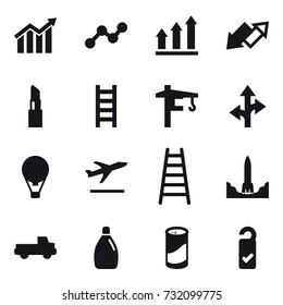 16 vector icon set : diagram, graph, graph up, up down arrow, lipstick, stairs, tower crane, air ballon, departure, pickup, cleanser, cleanser powder, please clean