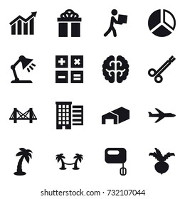 16 vector icon set : diagram, gift, courier, table lamp, calculator, bridge, houses, warehouse, plane, palm, palm hammock, beet