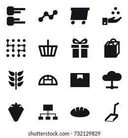 16 vector icon set : diagram, graph, delivery, chamical industry, chip, basket, gift, shopping bag, greenhouse, berry, hierarchy, bread, scoop