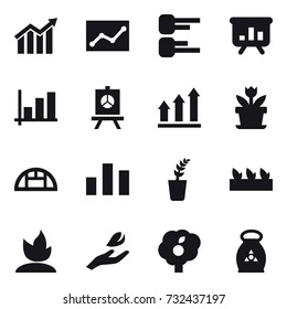 16 vector icon set : diagram, statistic, presentation, graph, graph up, flower, greenhouse, seedling, sprouting, hand leaf, garden, fertilizer