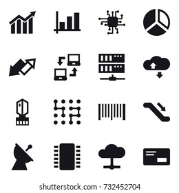 16 vector icon set : diagram, graph, chip, up down arrow, notebook connect, server, cloude service, crystall  memory, barcode, escalator, satellite antenna