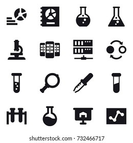 16 Vektorillustrationen Symbol Set: Diagramm, Jahresbericht, Rundkolben, Kolben, Mikroskop, Server, Quantenbindung, Durchstechflasche, Lupe, Präsentation