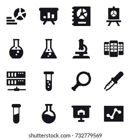 16 vector icon set : diagram, presentation, annual report, round flask, flask, microscope, server, vial, magnifier