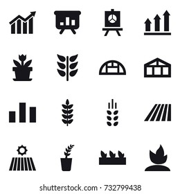 16 vector icon set : diagram, presentation, graph up, flower, greenhouse, spikelets, field, seedling, sprouting