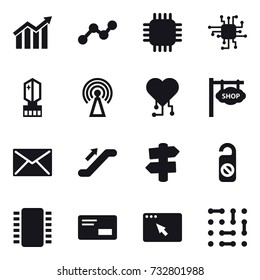 16 vector icon set : diagram, graph, chip, crystall  memory, antenna, cardio chip, shop signboard, mail, escalator, signpost, do not distrub