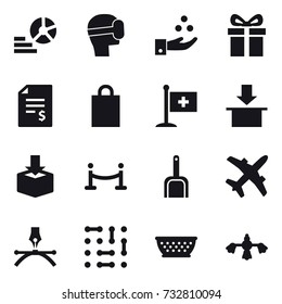 16 vector icon set : diagram, virtual mask, chamical industry, gift, account balance, shopping bag, vip fence, scoop, kolander, hard reach place cleaning