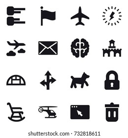 16 vector icon set : diagram, flag, plane, lightning, journey, mail, fort, greenhouse, dog, locked, rocking chair, trash bin