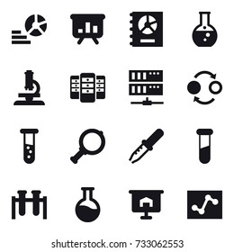 16 vector icon set : diagram, presentation, annual report, round flask, microscope, server, quantum bond, vial, magnifier