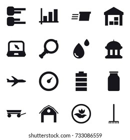 16 vector icon set : diagram, graph, delivery, warehouse, notebook, magnifier, goverment house, plane, barometer, trailer, barn, ecology, rake