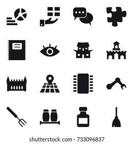 16 vector icon set : diagram, gift, discussion, puzzle, copybook, japanese house, fort, gothic architecture, big fork, pills bottle, broom