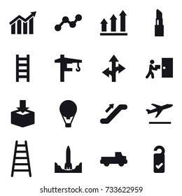 16 vector icon set : diagram, graph, graph up, lipstick, stairs, tower crane, air ballon, escalator, departure, pickup, please clean