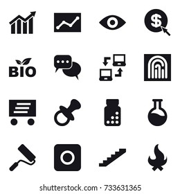 16 vector icon set : diagram, statistic, eye, dollar arrow, bio, discussion, notebook connect, fingerprint, delivery, nipple, repair, ring button, stairs, fire