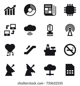 16 vector icon set : diagram, circle diagram, newspaper, chip, notebook connect, cloud wireless, crystall  memory, antenna, cardio chip, escalator, reception, no smoking, satellite antenna
