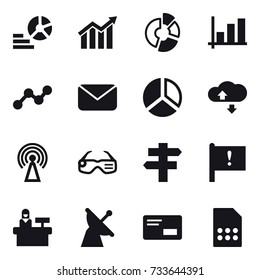 16 vector icon set : diagram, circle diagram, graph, mail, cloude service, antenna, smart glasses, singlepost, reception