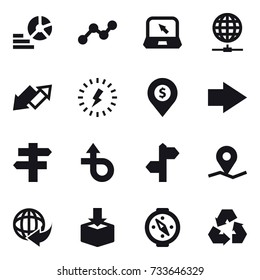 16 vector icon set : diagram, graph, notebook, globe connect, up down arrow, lightning, dollar pin, right arrow, singlepost, compass, recycling