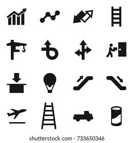 16 vector icon set : diagram, graph, up down arrow, stairs, tower crane, air ballon, escalator, departure, pickup, cleanser powder
