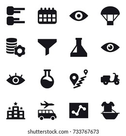 16 vector icon set : diagram, calendar, eye, parachute, virtual mining, funnel, hotel, transfer, handle washing
