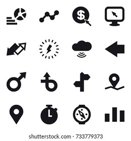 16 vector icon set : diagram, graph, dollar arrow, monitor arrow, up down arrow, lightning, cloud wireless, left arrow, compass