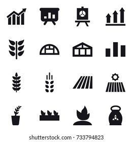 16 vector icon set : diagram, presentation, graph up, greenhouse, spikelets, field, seedling, sprouting, fertilizer