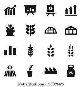 16 vector icon set : diagram, presentation, graph up, flower, greenhouse, spikelets, field, seedling, fertilizer