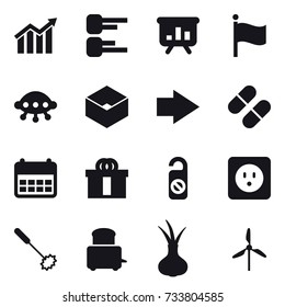 16 vector icon set : diagram, presentation, flag, ufo, box, right arrow, do not distrub, power socket, whisk, windmill