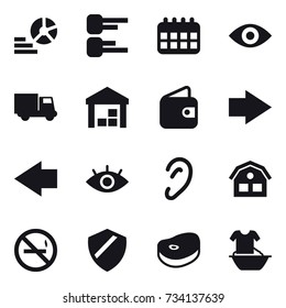 16 vector icon set : diagram, calendar, eye, truck, warehouse, wallet, right arrow, left arrow, house, no smoking, handle washing