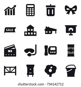 16 vector icon set : diagram, calculator, bin, bow, sale, cottage, house with garage, presentation, credit card, diving mask, intercome, farm fence, hive, garden, foam bucket