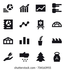 16 vector icon set : diagram, statistic, annual report, graph, presentation, greenhouse, seedling, hand leaf, sow, spruce, fertilizer