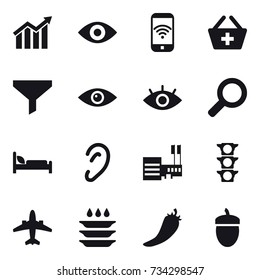 16 vector icon set : diagram, eye, phone wireless, add to basket, funnel, mall, airplane, plate washing, hot pepper, acorn