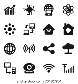 16 vector icon set : diagram, chip, notebook globe, atom, round around, notebook connect, wireless home, smart house, wireless