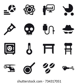 16 vector icon set : diagram, atom, presentation, baby stroller, safe, thermometer, stool, chair, pan, coffee seeds, blower