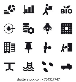 16 vector icon set : diagram, graph, courier, bio, cell corection, virtual mining, jet robot, cpu, houses, table, pool, seeds, pickup
