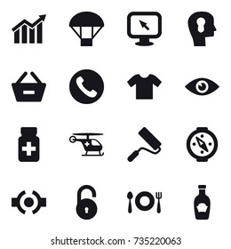 16 vector icon set : diagram, parachute, monitor arrow, bulb head, remove from basket, phone, t-shirt, repair, compass