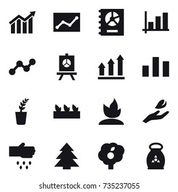 16 vector icon set : diagram, statistic, annual report, graph, presentation, graph up, seedling, sprouting, hand leaf, sow, spruce, garden, fertilizer