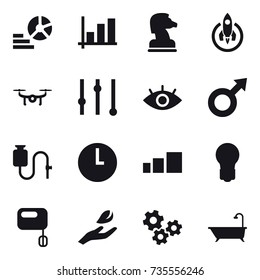 16 vector icon set : diagram, graph, chess horse, rocket, drone, equalizer, bulb, hand leaf, gears, bath