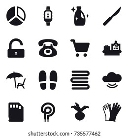 16 vector icon set : diagram, smartwatch, cleanser, unlock, baggage checking, lounger, slippers, towels, beet, gloves