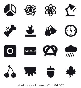 16 vector icon set : diagram, atom, table lamp, flippers, watch, ring button, welcome mat, rain cloud, cherry, udder, acorn, maple leaf