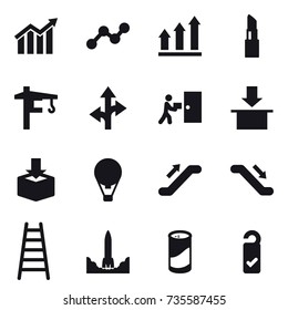 16 vector icon set : diagram, graph, graph up, lipstick, tower crane, air ballon, escalator, stairs, cleanser powder, please clean