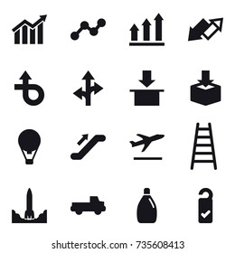 16 vector icon set : diagram, graph, graph up, up down arrow, air ballon, escalator, departure, stairs, pickup, cleanser, please clean