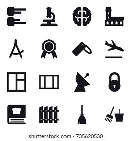 16 vector icon set : diagram, microscope, mansion, draw compass, medal, arrival, window, satellite antenna, fence, broom, bucket and broom