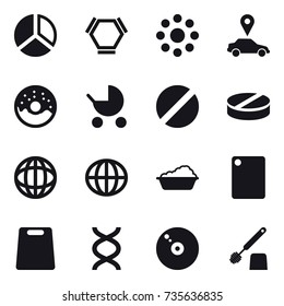 16 vector icon set : diagram, hex molecule, round around, car pointer, donut, baby stroller, globe, washing, cutting board, toilet brush