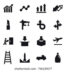 16 vector icon set : diagram, graph, graph up, up down arrow, lipstick, tower crane, departure, stairs, pickup, cleanser