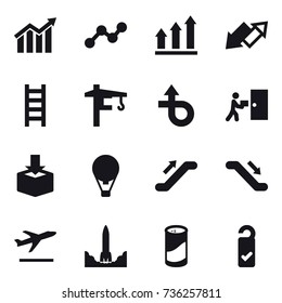 16 vector icon set : diagram, graph, graph up, up down arrow, stairs, tower crane, air ballon, escalator, departure, cleanser powder, please clean