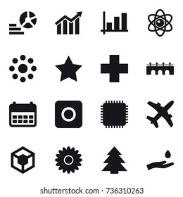 16 vector icon set : diagram, graph, atom, round around, star, bridge, ring button, flower, spruce, hand and drop